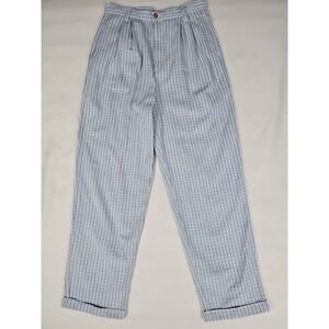 VTG Plaid Pants Blue Gingham High Waist Pleated Tapered Cuff Sz 10